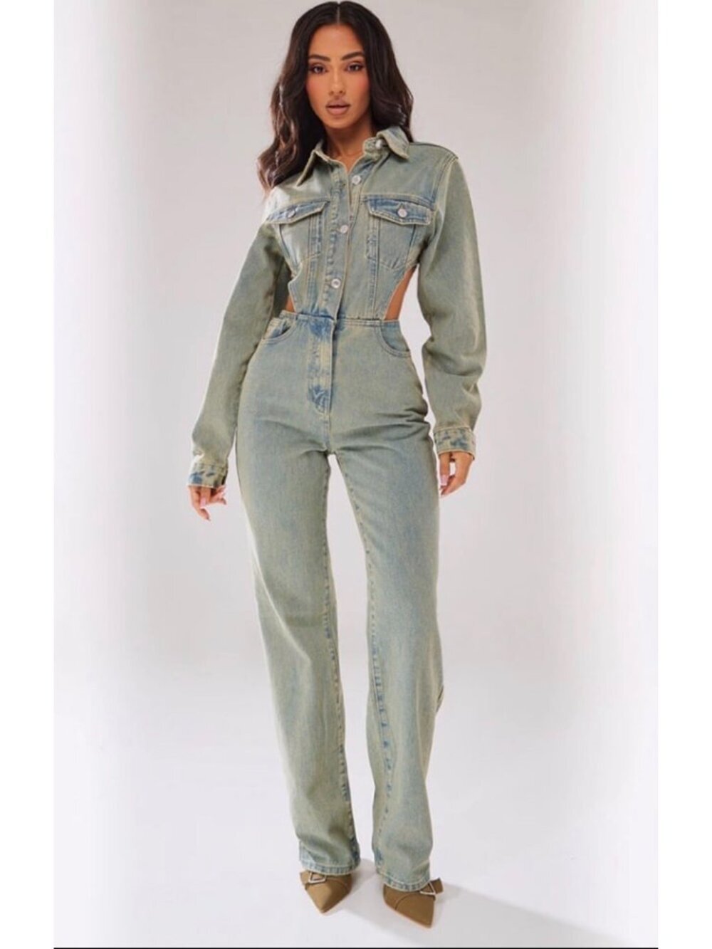 NEW PLT Vintage Wash Denim Cut Out Waist Jumpsuit sz 4 retail $120